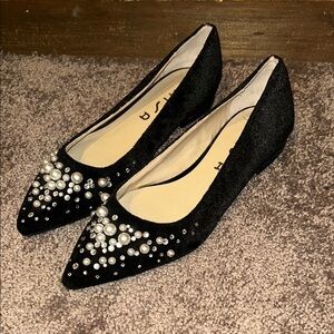 Unisa Lexha pointed toe pearl & gem detail black velvet flat